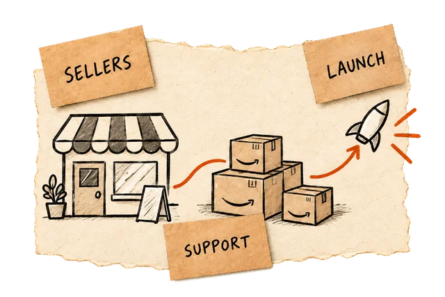 Sellers, support, launch: a storefront connects to fulfilment and a product launch.