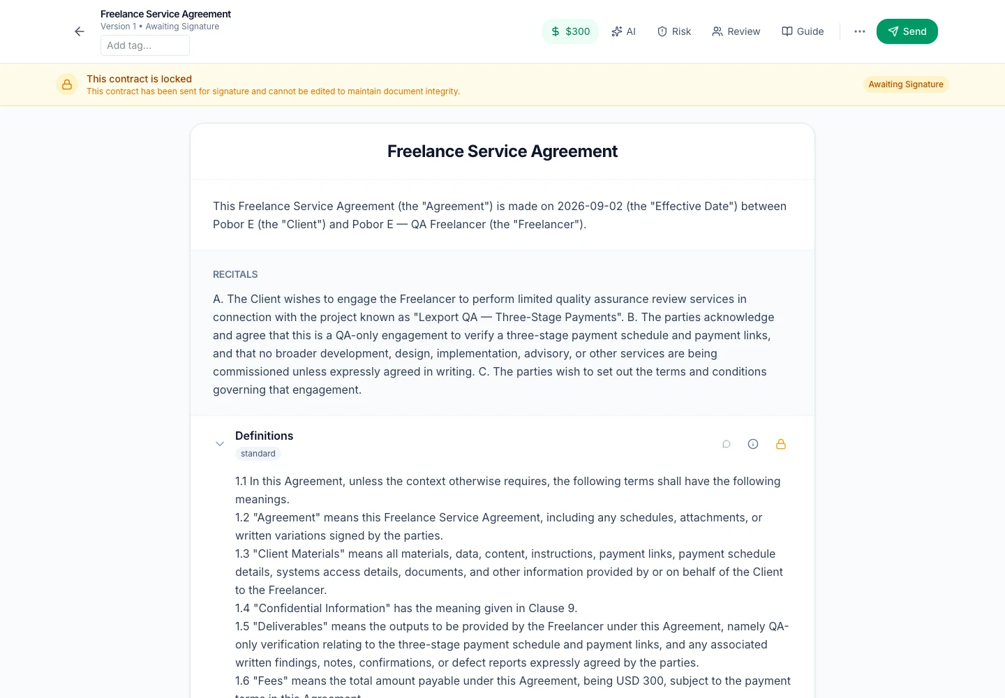 Lexport generated agreement workspace
