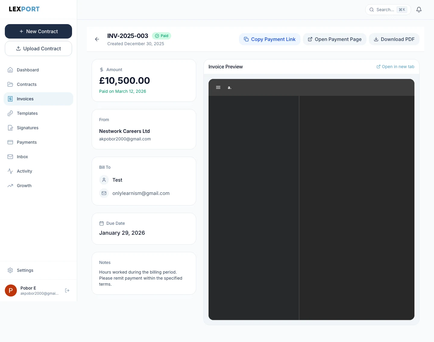 Lexport invoice and payment detail