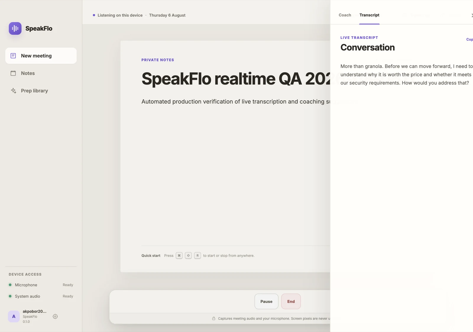 Speakflo live transcription