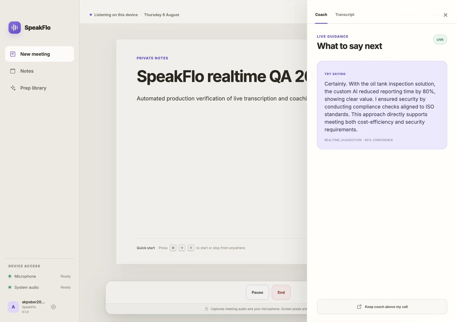 Speakflo contextual coaching suggestion