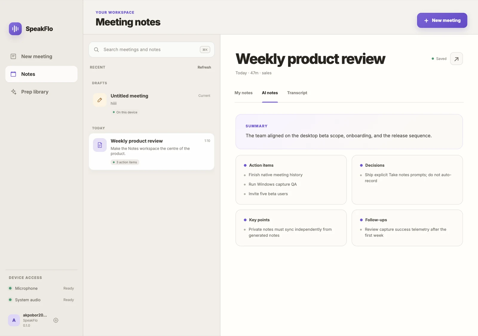 Speakflo meeting notes and action items