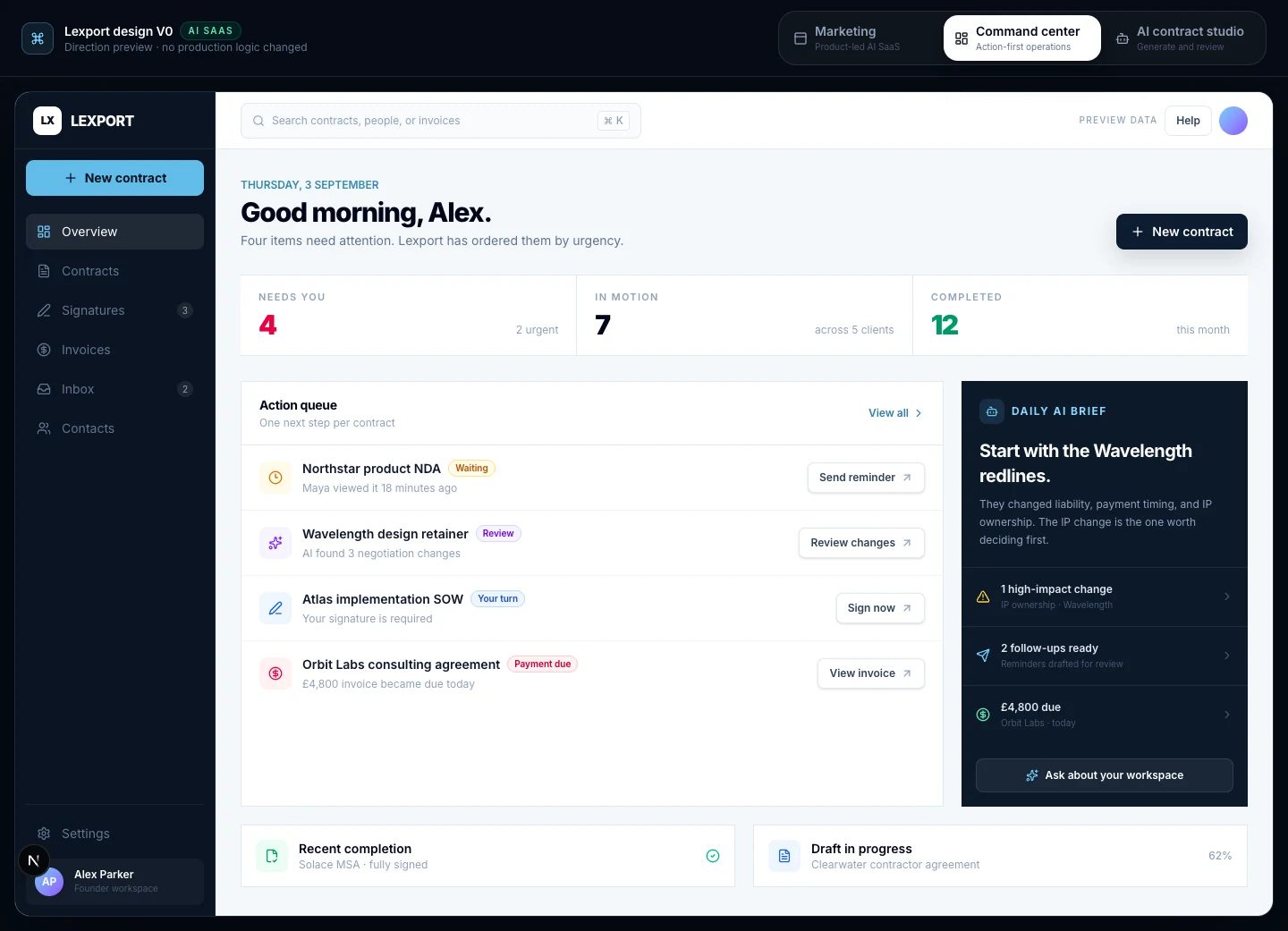 Lexport workspace showing agreements, signatures and invoices
